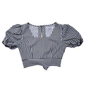 MONALI Crop Top Womens Small Medium Striped Puff Sleeve Back Wrap Tie Waist